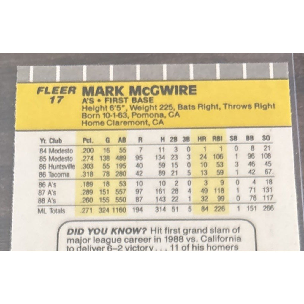 1989 FLEER #17 MARK McGWIRE - Oakland A's - Pack to Sleeve - MLB Baseball Card