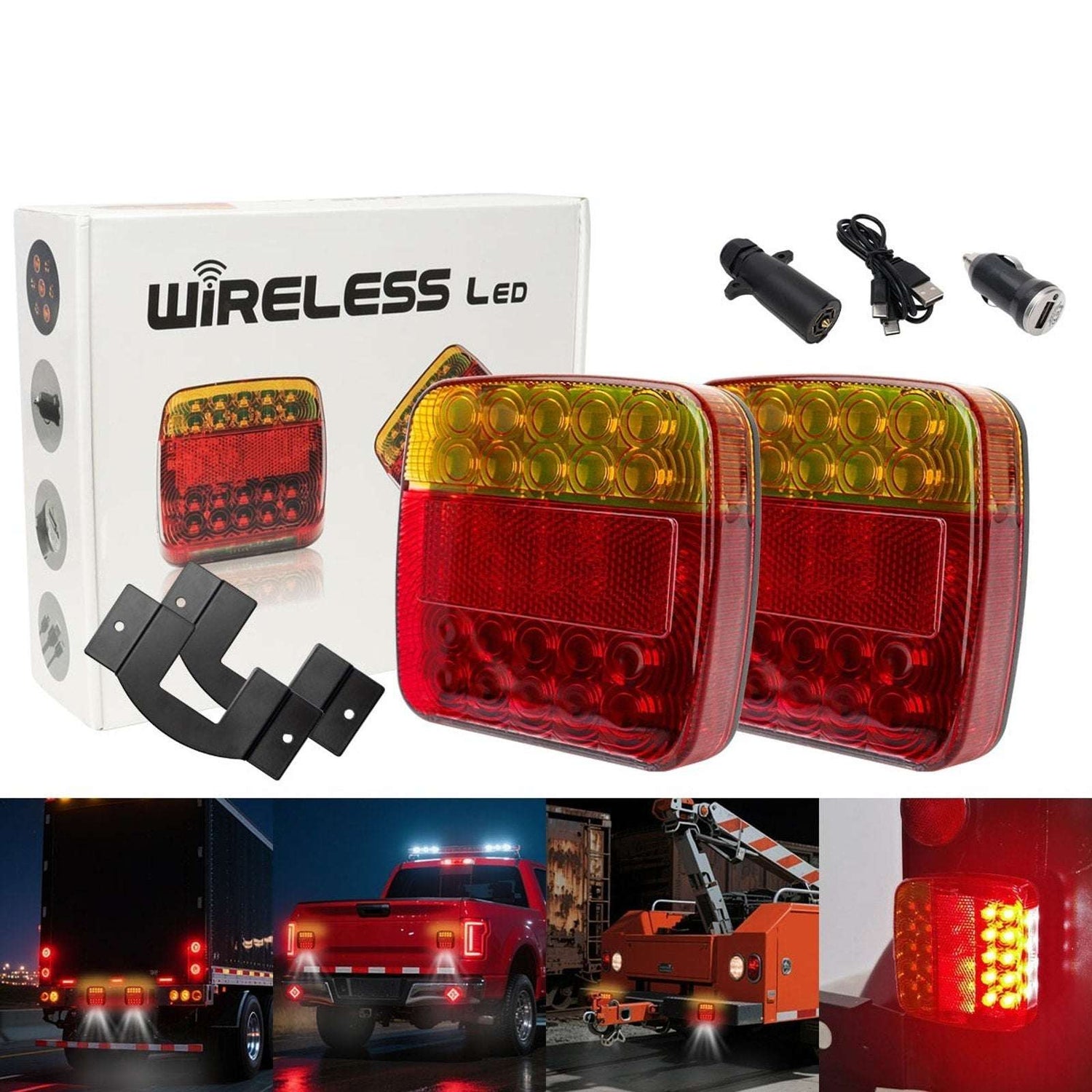 2x LED Magnetic Wireless Trailer Tail Light Tail Brake Turn Signal US Plug 7-Pin