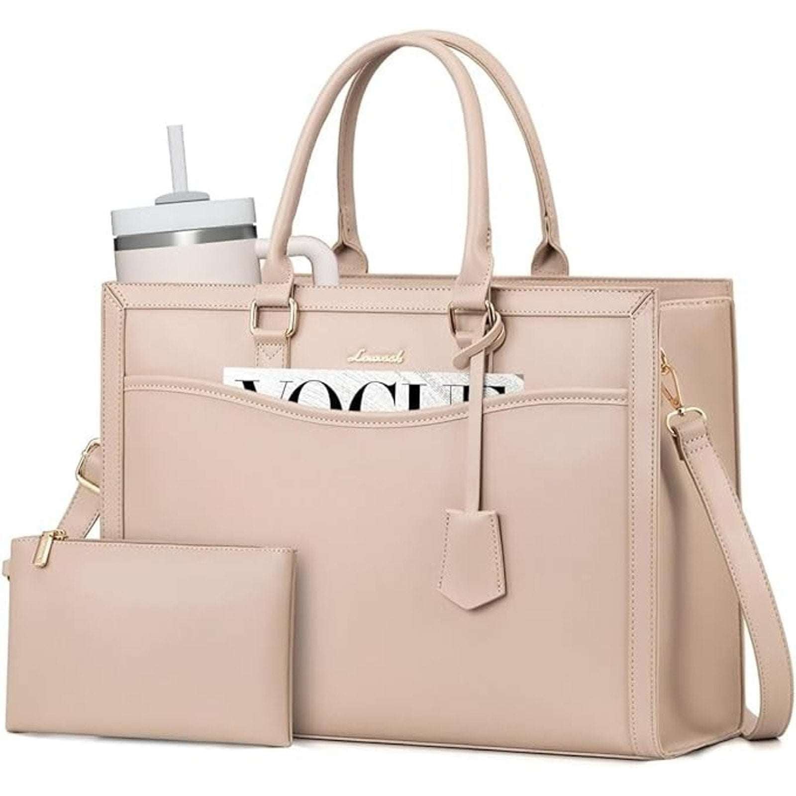 LOVEVOOK Laptop Tote Bag for Women Work, 15.6" Computer Briefcase Apricot/Beige