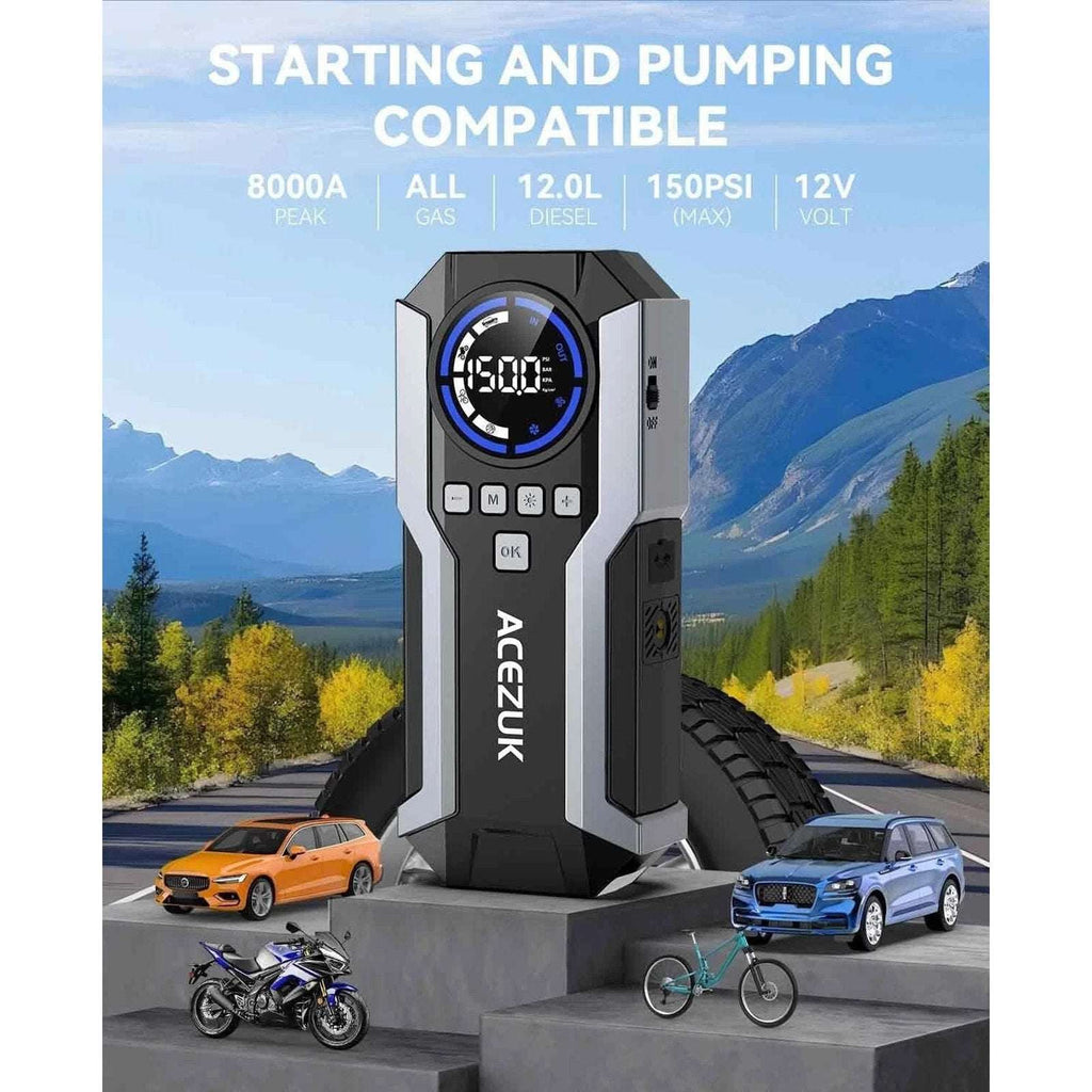 ACEZUK 150PSI 8000A 12V Car Battery Jump Starter, Air Compressor, 21800mAH Power