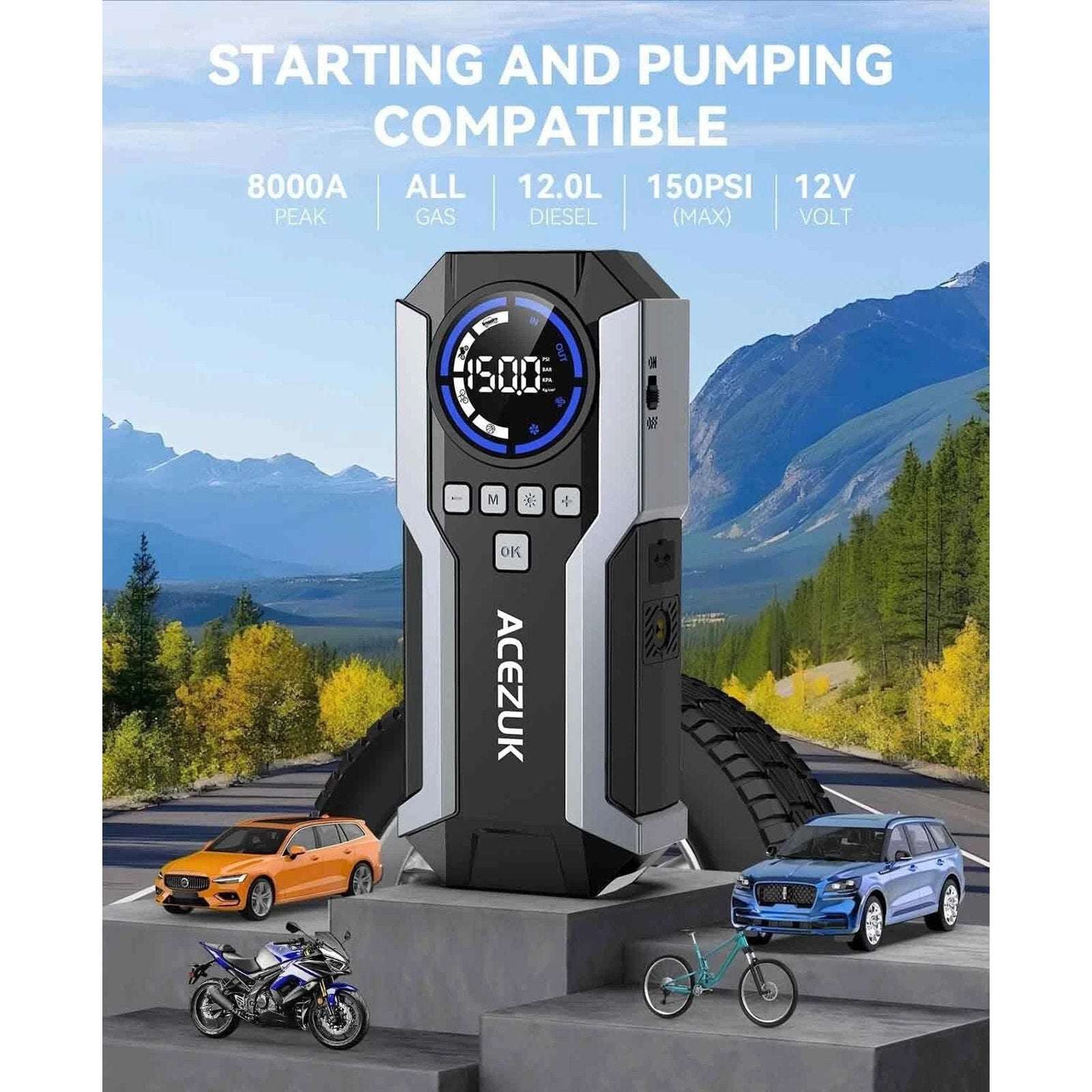 ACEZUK 150PSI 8000A 12V Car Battery Jump Starter, Air Compressor, 21800mAH Power