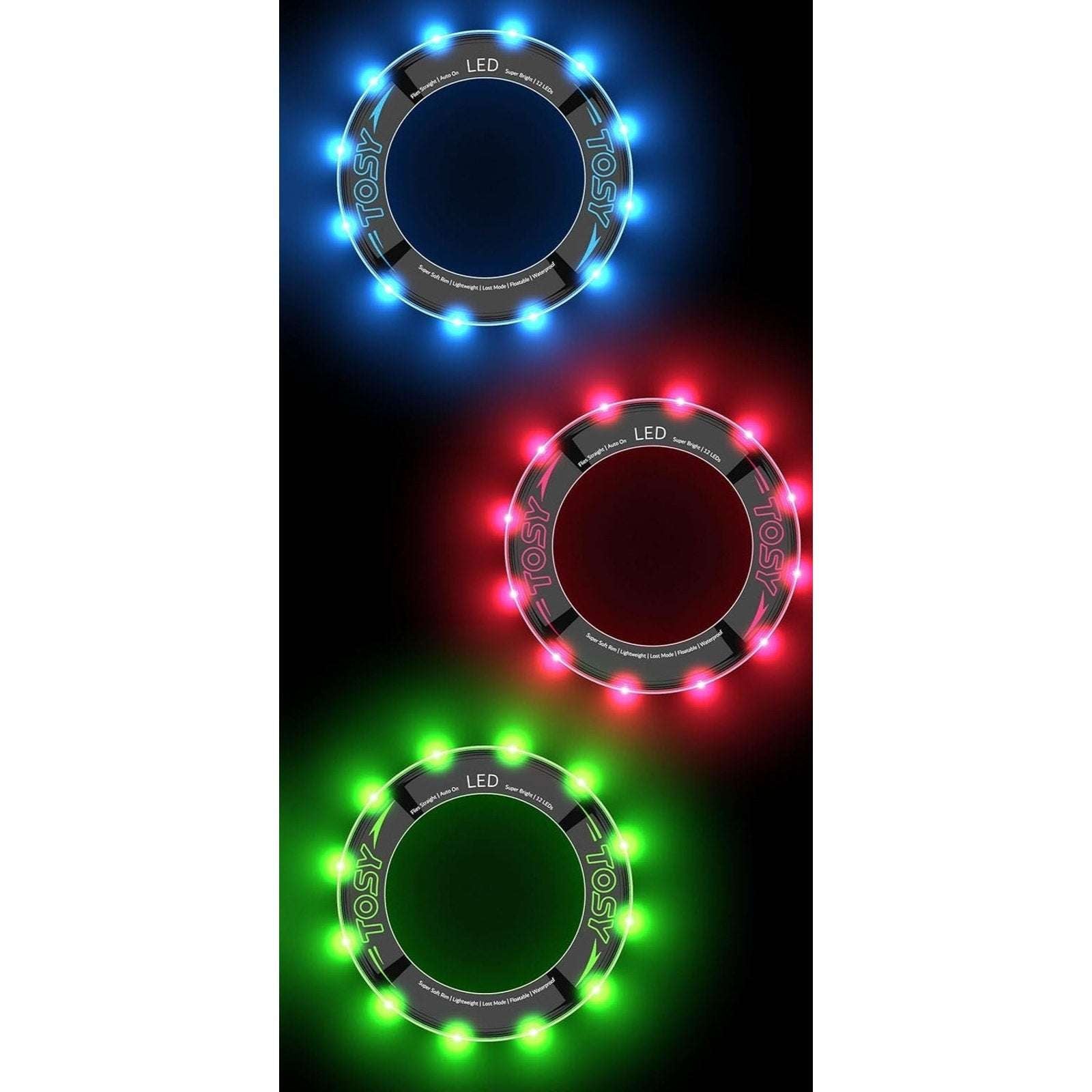 TOSY LED Flying Ring 3 Pack Red + Blue + Green Waterproof Floats Glows Auto-Off