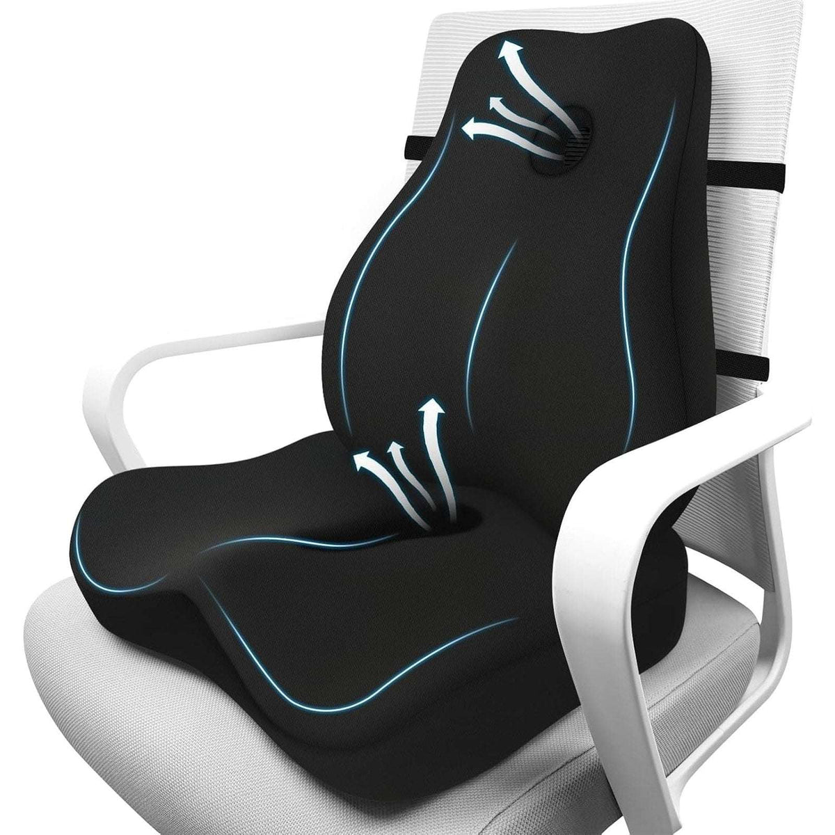 Ergonomic Memory Foam Back Support Pillow & Seat Cushion Lumbar to Coccyx Relief
