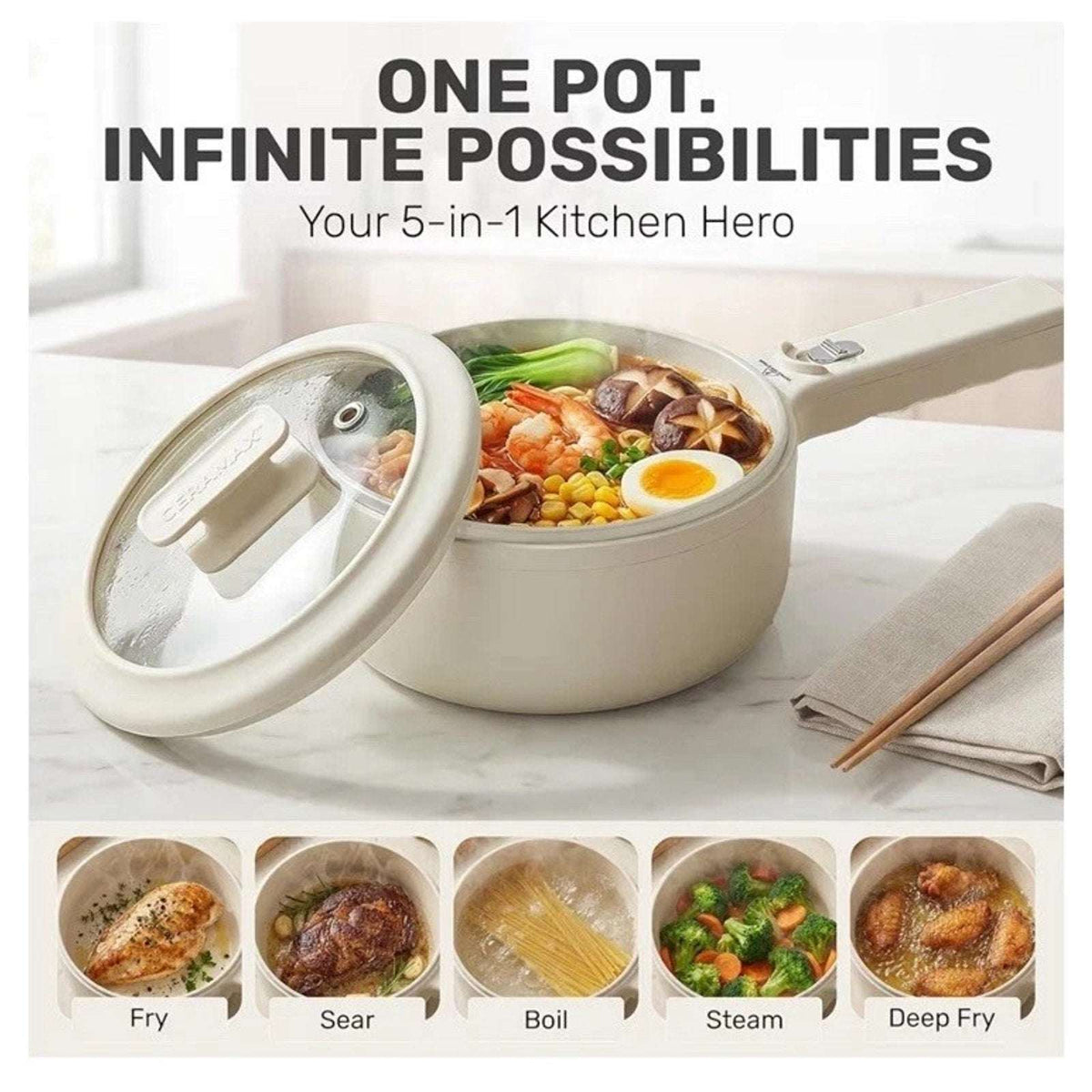 CERAMAX 1.6Qt Electric Hot Pot Ramen Multi-Cooker Steamer Non-Stick 800W RV Dorm