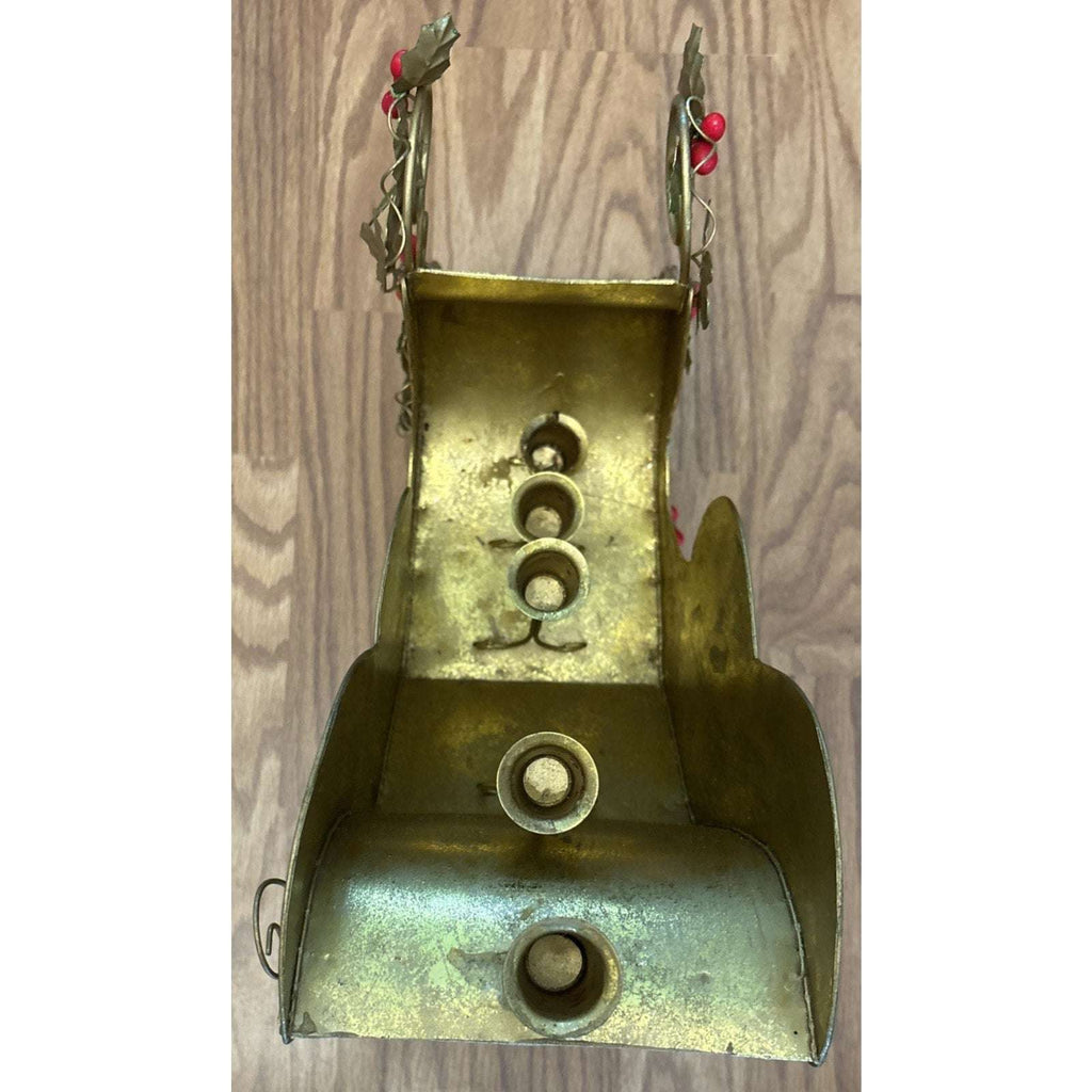 Vtg Metal Gold Sleigh Christmas Decoration Centerpiece 5 Taper Candle Holder