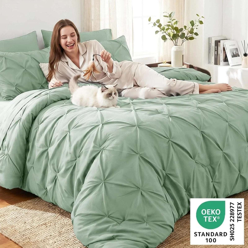 CozyLux 7-Piece King Size Pintuck Comforter & Sheet Set Sage Green Bed in a Bag