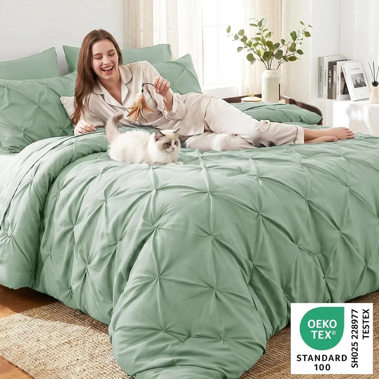 CozyLux 7-Piece King Size Pintuck Comforter & Sheet Set Sage Green Bed in a Bag
