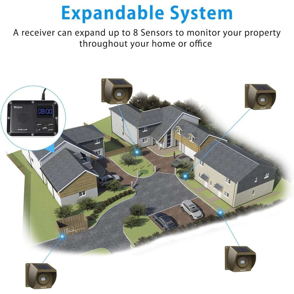 Wuloo 1800ft Solar Driveway Alarm Wireless Weatherproof Motion Sensor 1R/4Sensor