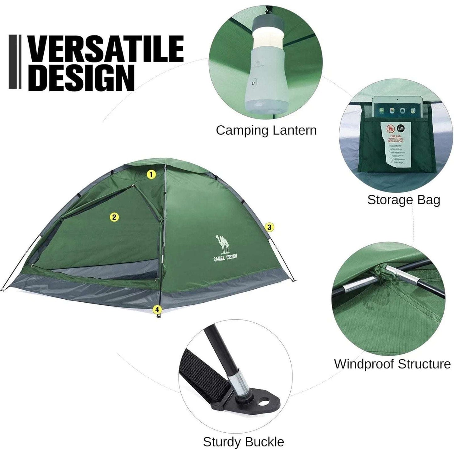 CAMEL CROWN Camping Tent Green/Grey 2 Person Waterproof Lightweight Quick Setup
