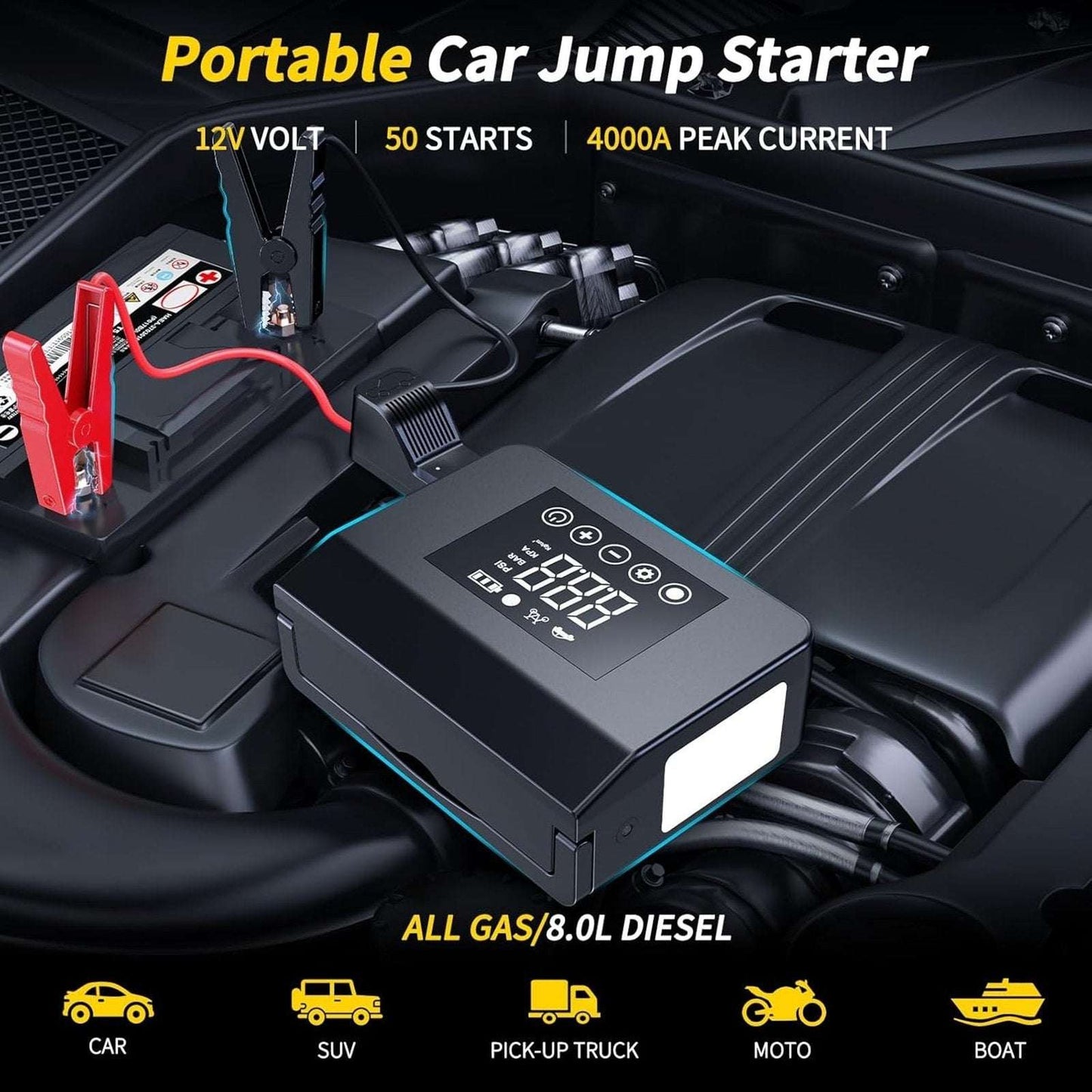 4000A 12V Car Jump Starter, 15000mAh Power Bank, Air Pump & LED Light Gas/Diesel