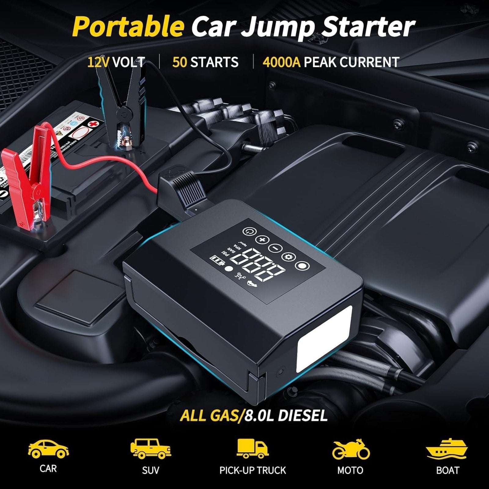 4000A 12V Car Jump Starter, 15000mAh Power Bank, Air Pump & LED Light Gas/Diesel