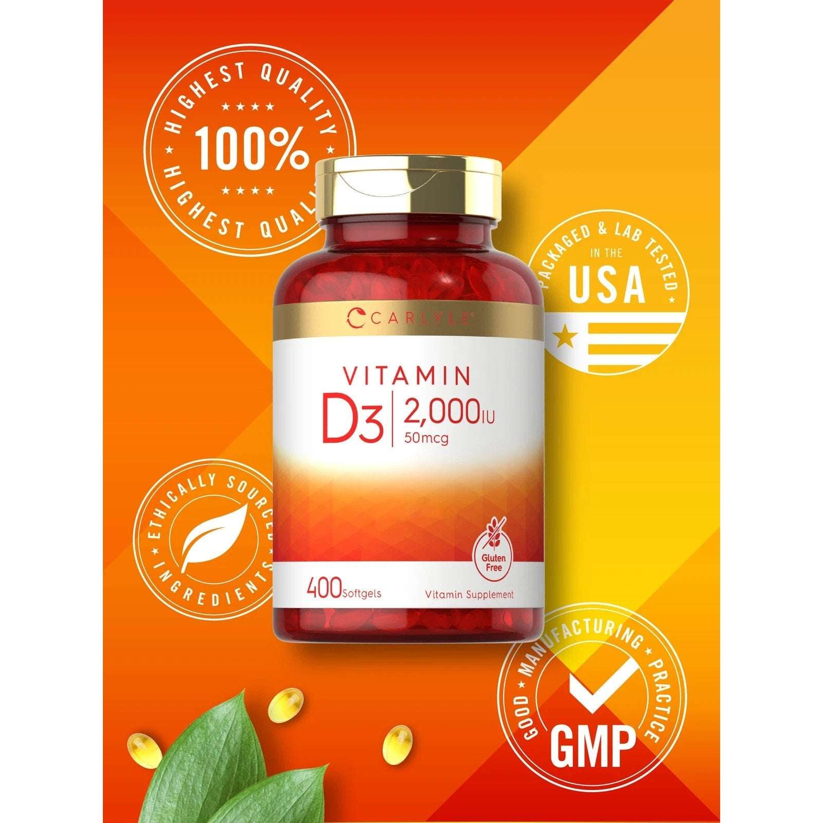 2 Pack Carlyle Vitamin D3 2000 IU Softgels (400ea/800total) Non-GMO Gluten Free