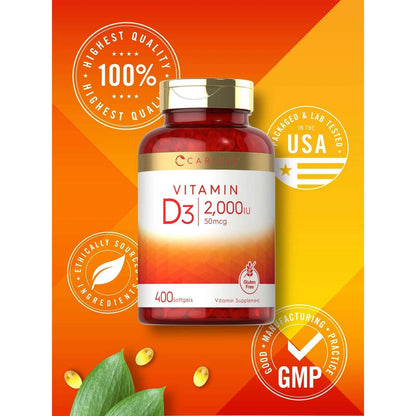 2 Pack Carlyle Vitamin D3 2000 IU Softgels (400ea/800total) Non-GMO Gluten Free