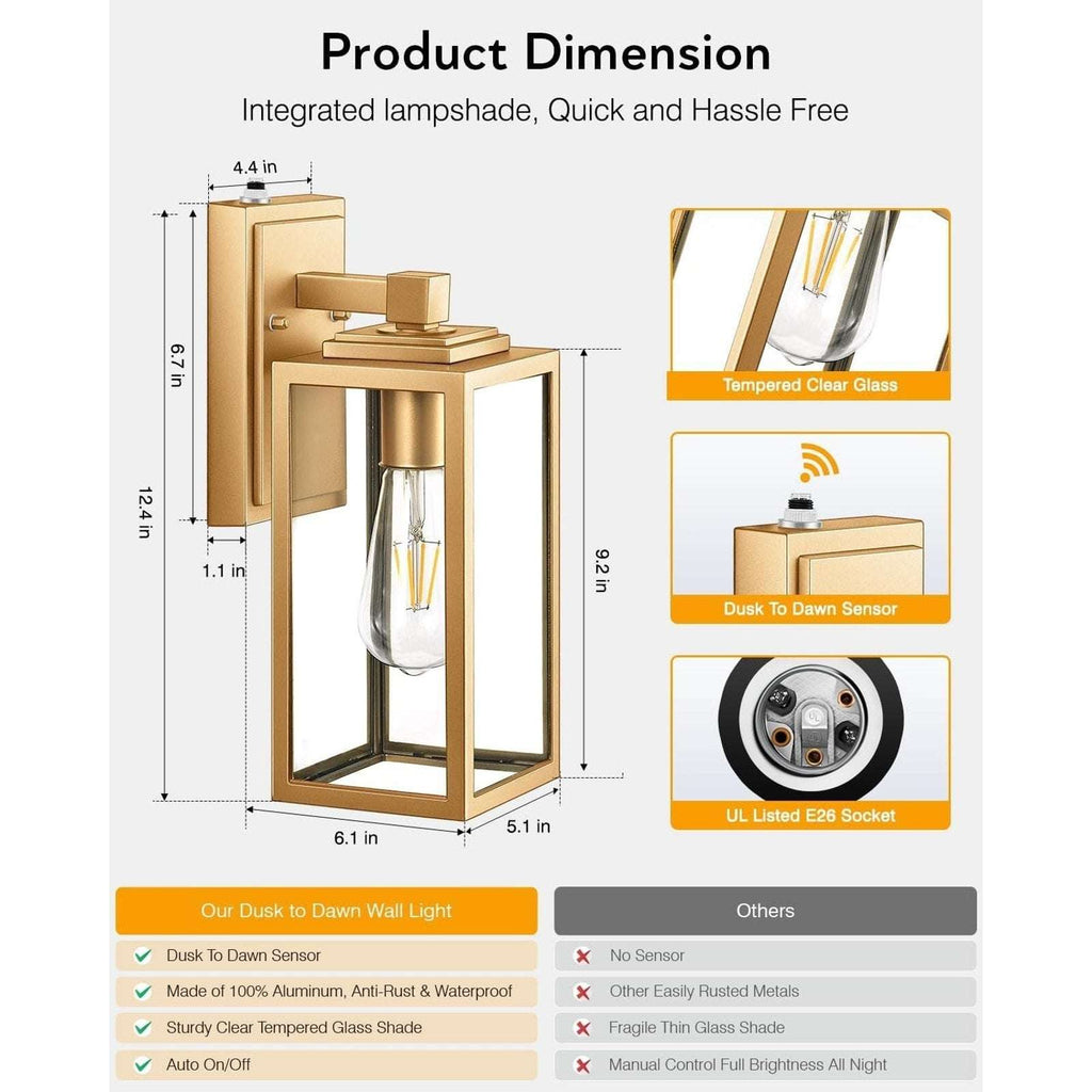 VIANIS Gold Outdoor DUSK TO DAWN Wall Porch Sconce Light Weatherproof Anti-Rust