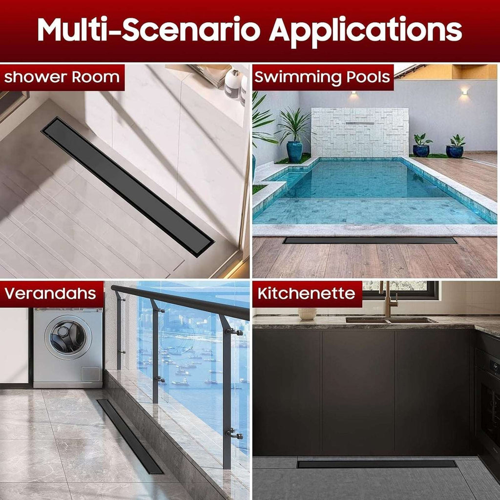 12" Linear Shower Drain Matte Black 304 SS Tile Insert Adjustable Feet Strainer
