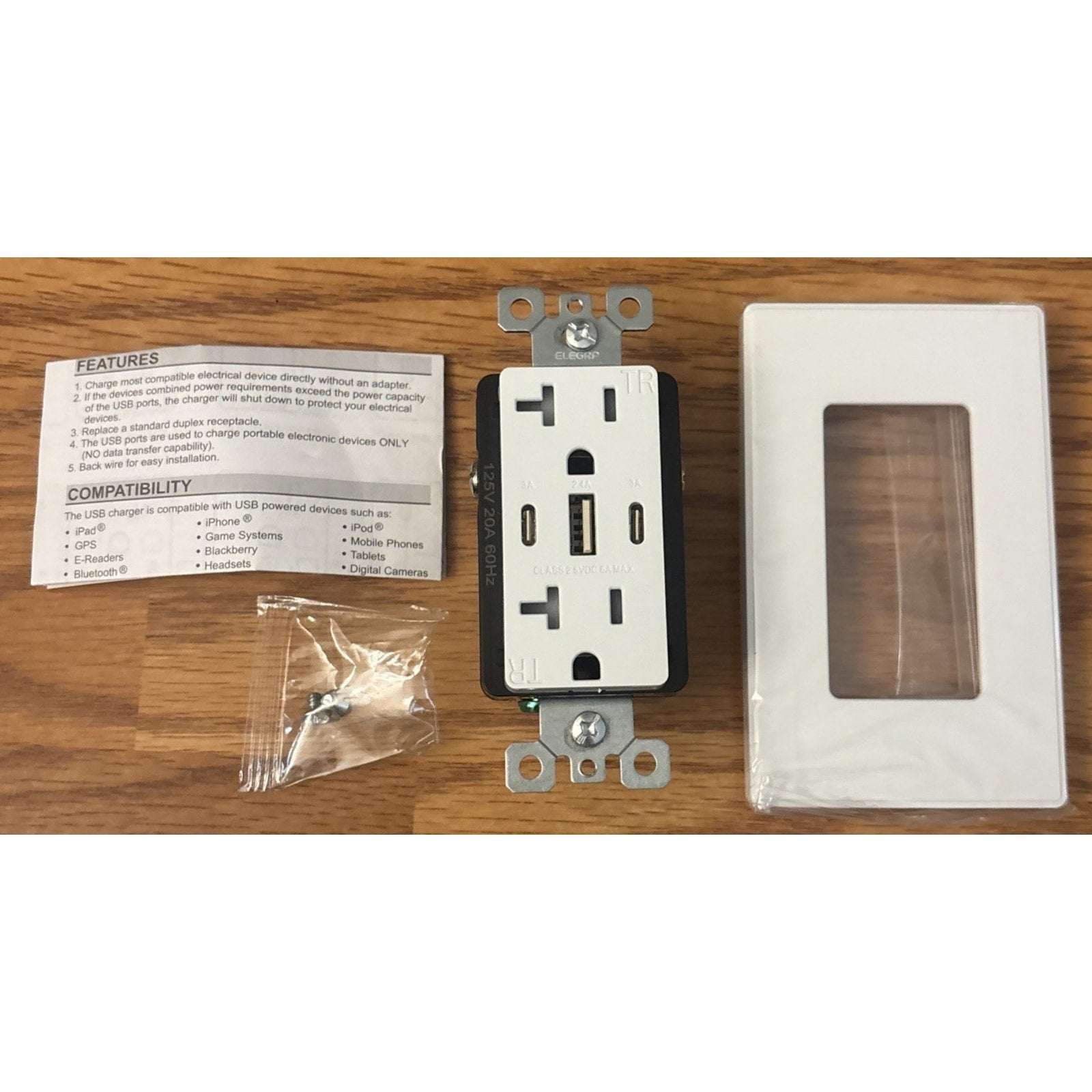 30W 6.0 Amp 3-Port USB Wall Outlet 20A Duplex Receptacle w/ Dual Type C & A Port