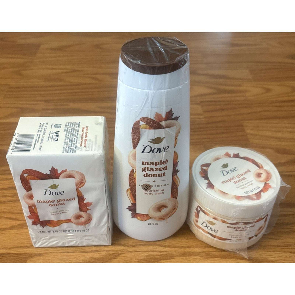 3PC Dove Limited Edition Maple Glazed Donut Body Wash, Body Scrub & Bar Soap Set