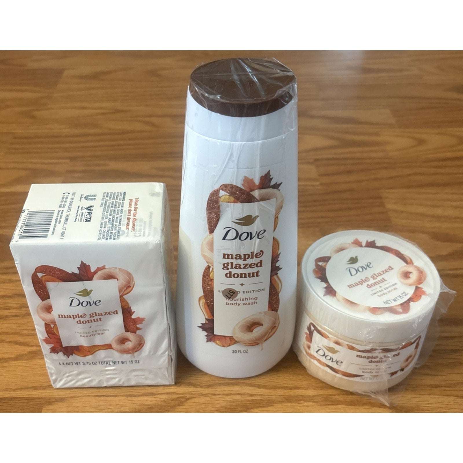 3PC Dove Limited Edition Maple Glazed Donut Body Wash, Body Scrub & Bar Soap Set