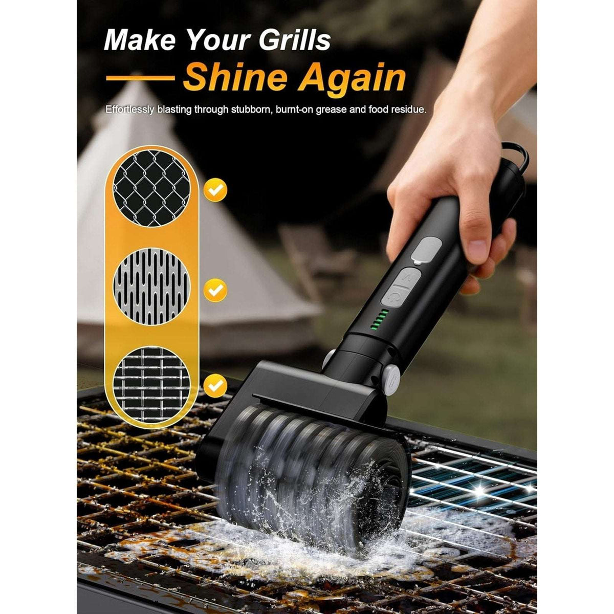 Electric Grill Brush Cordless Rechargeable BBQ Cleaner with 3 Speeds & 3 Heads