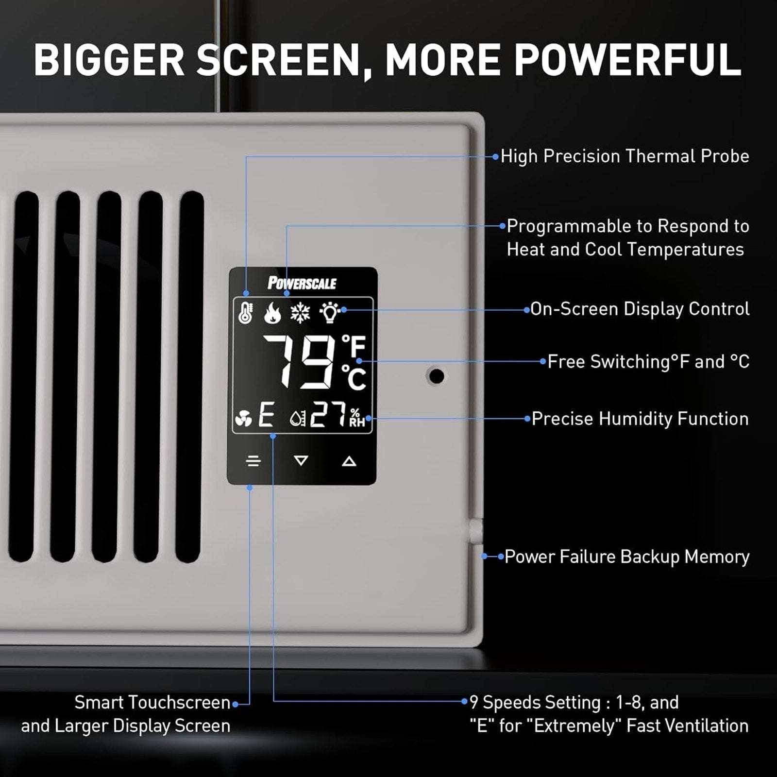 4"X10" Smart Vent Air Booster Register Fan 9-Speeds Thermostat & Humidity Sensor