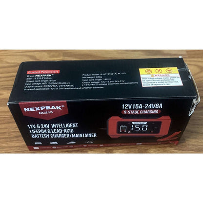 NEXPEAK 15A Smart Battery Charger 12V 24V 9 Stage Trickle LiFePO4 Car Truck Boat