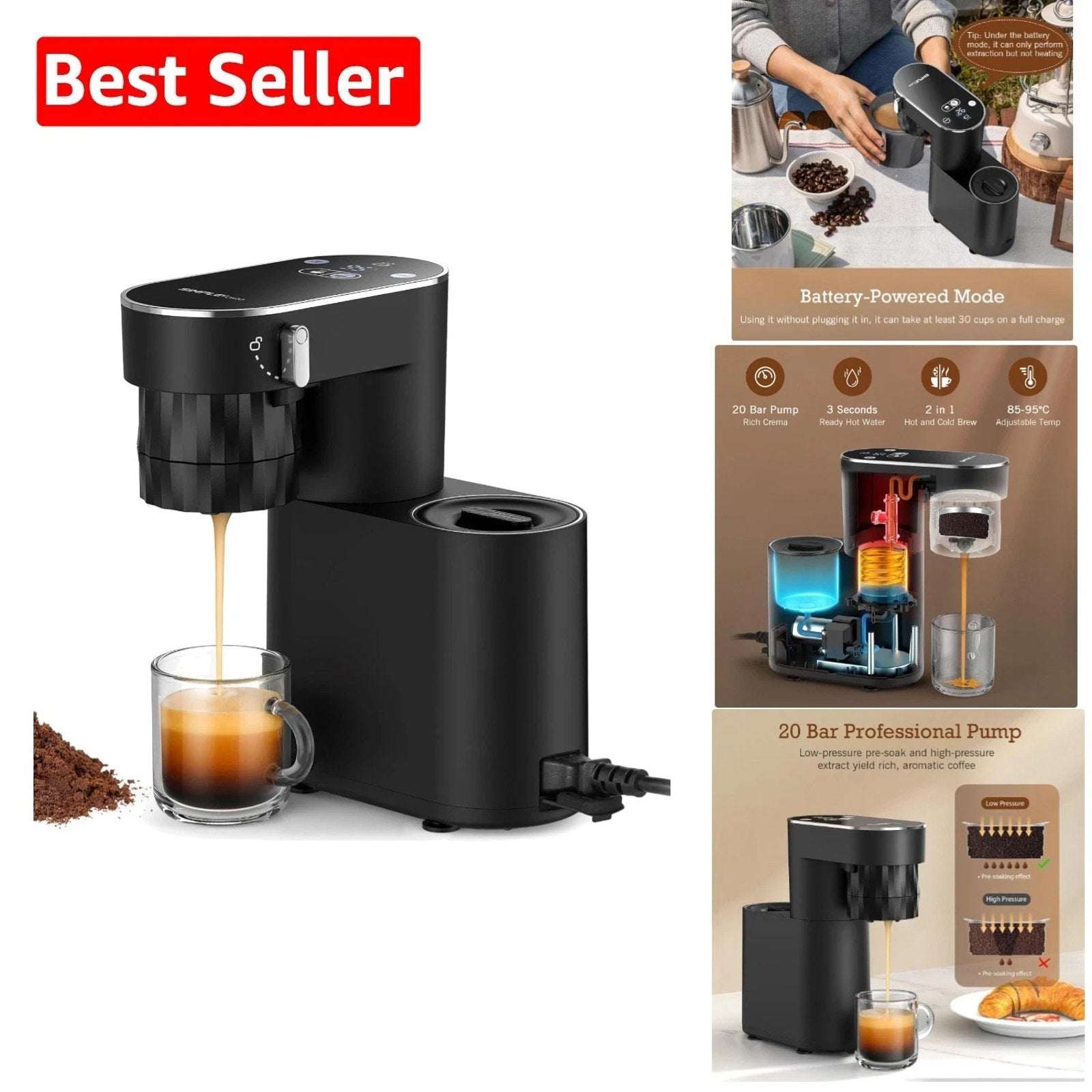 20-Bar Espresso Machine Hot & Iced Coffee Maker w Smart Touch, Dual Power Option