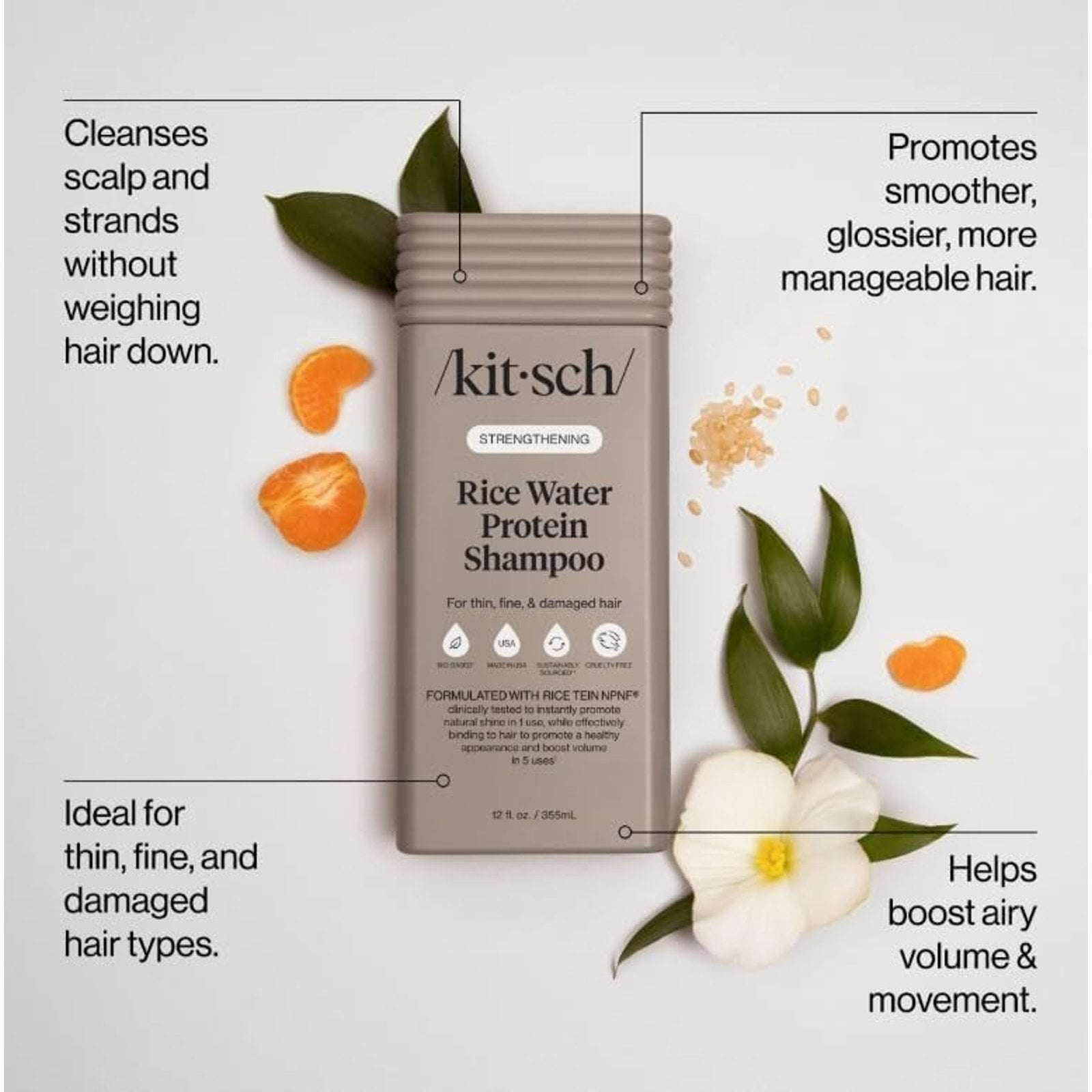 Kitsch Strengthening Rice Water Protein Shampoo Thin, Fine & Damaged Hair 12.3oz