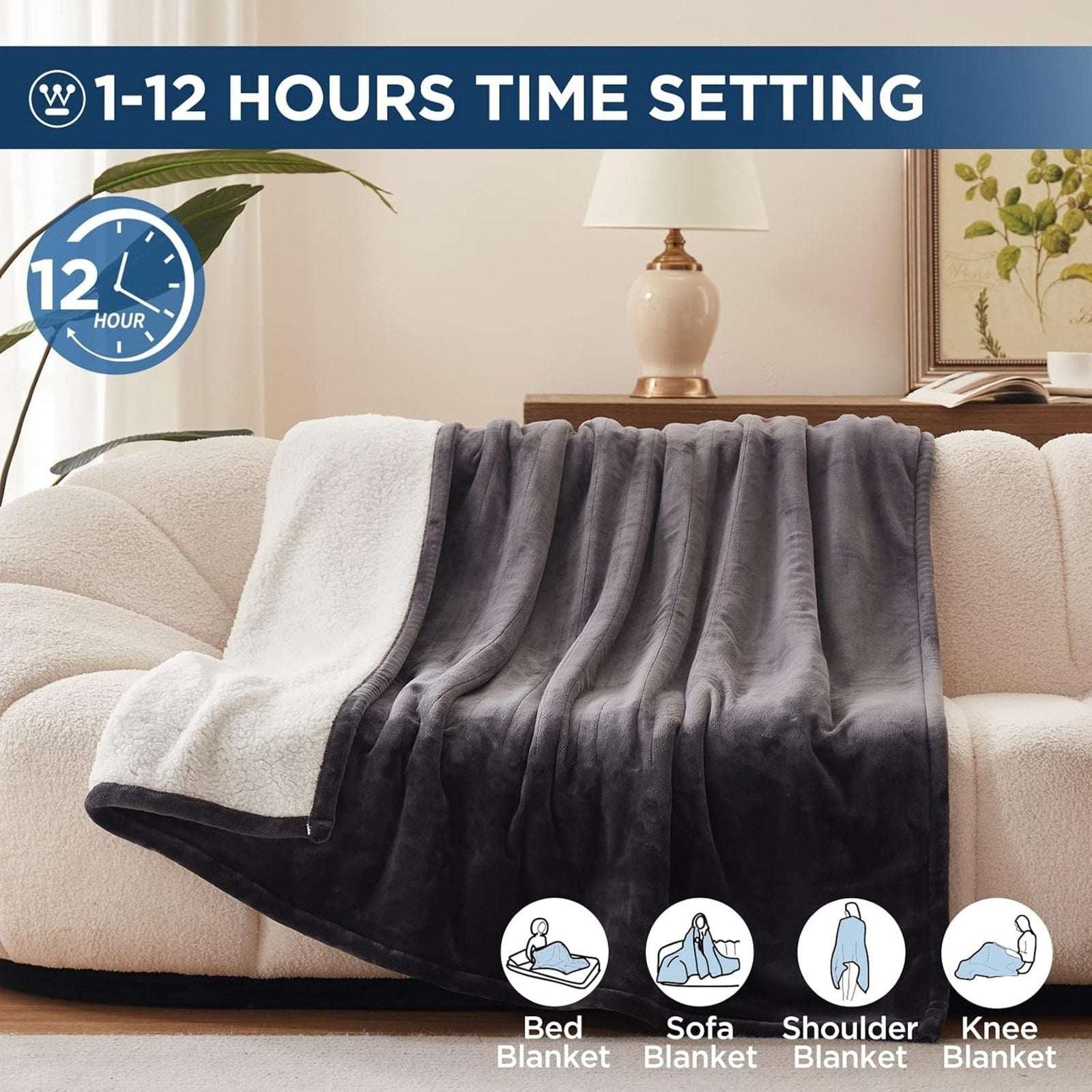 Westinghouse Electric Heating Blanket Silky Flannel & Sherpa Twin Size Charcoal