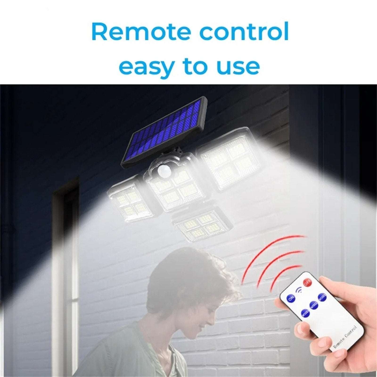 Solar Powered Motion Sensor LED Lights Outdoor 4 Head Adjustable Angle w/ Remote
