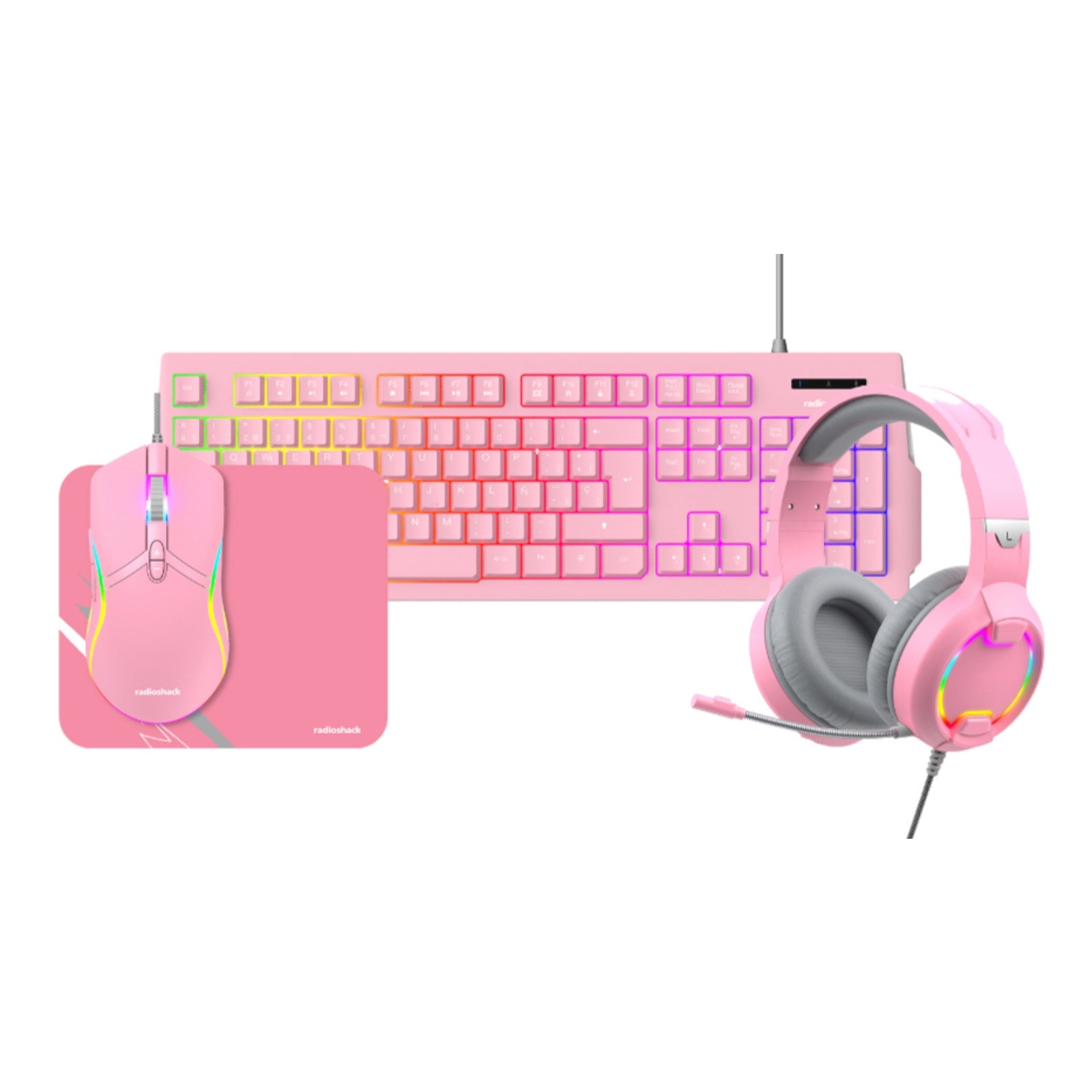RadioShack Mistic Pink RGB Backlit Gaming Keyboard, Mouse & Pad, Headset Combo