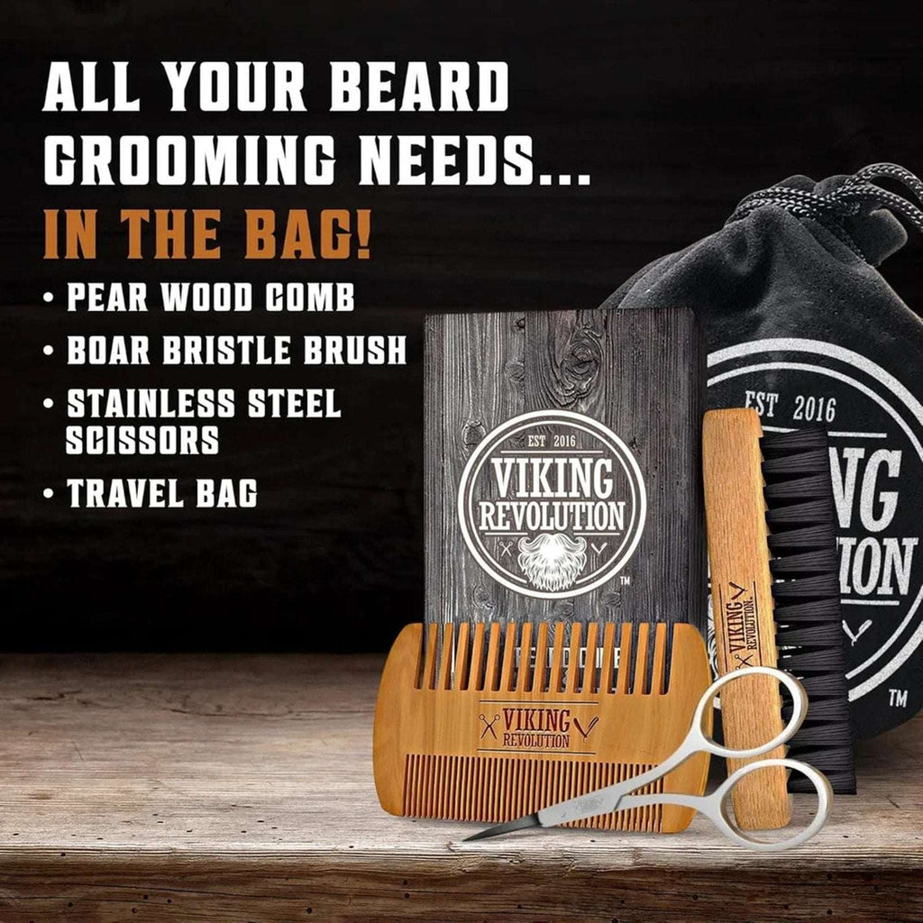 Viking Revolution Brush, Comb w/ Beard Wash & Conditioner Set Argan & Jojoba Oil