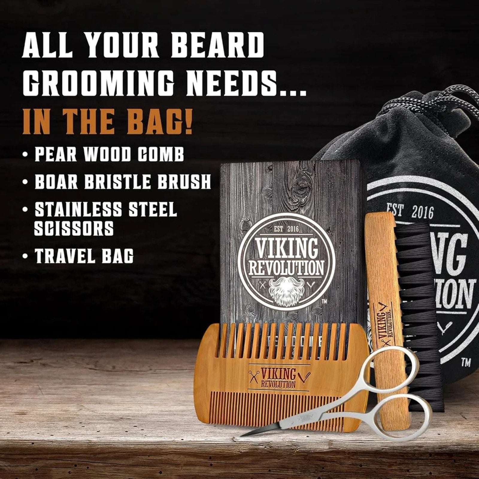 Viking Revolution Brush, Comb w/ Beard Wash & Conditioner Set Argan & Jojoba Oil
