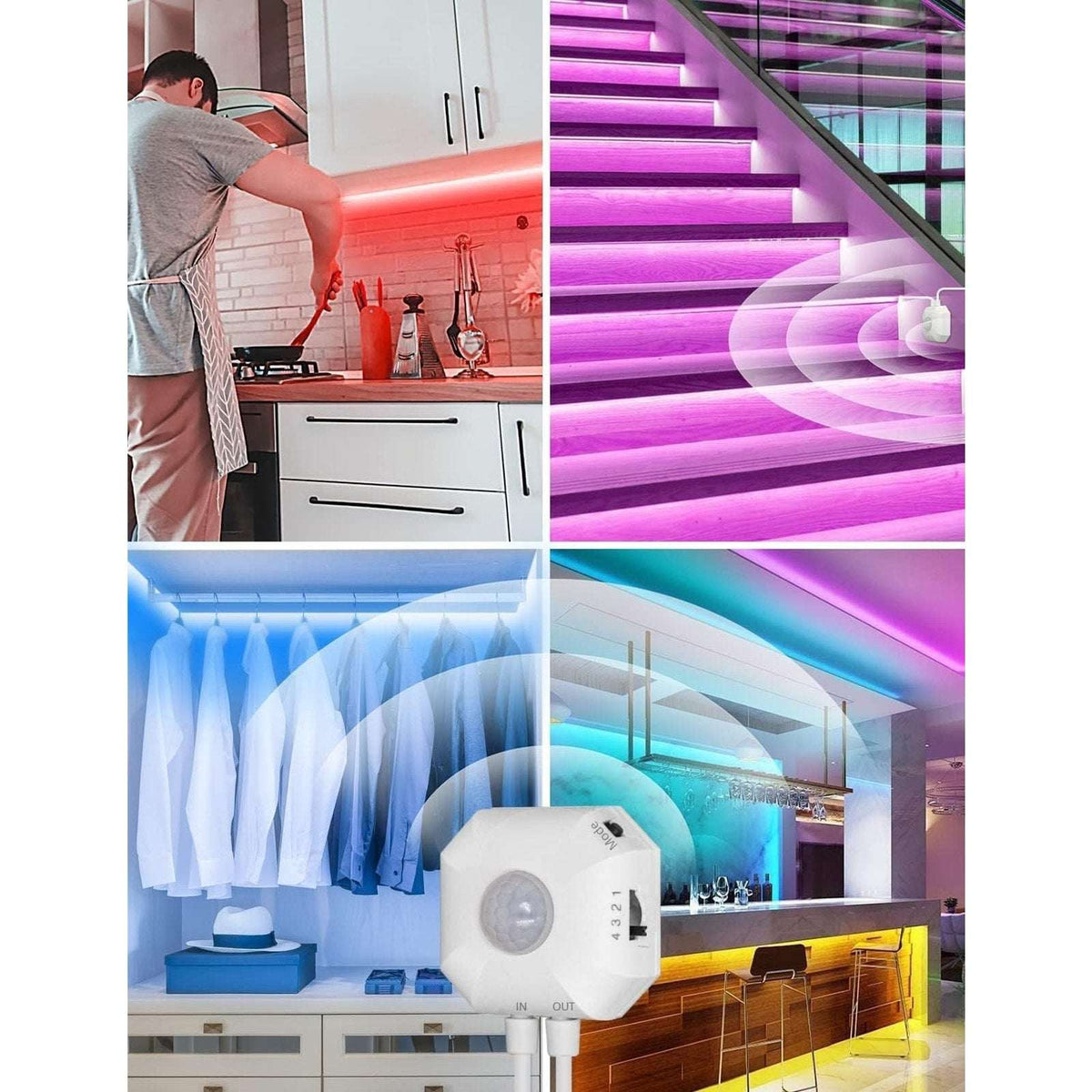 Motion Sensor LED Light Strip 16.4Ft Warm White 3000K & Multi-Colored USB Power