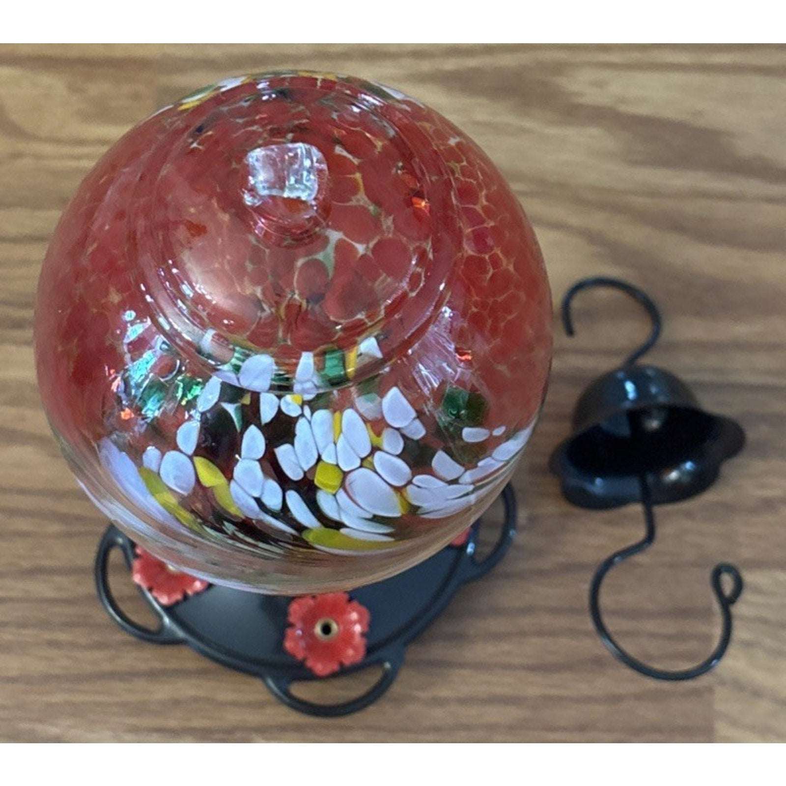 36OZ Hand Blown Glass Hanging Hummingbird Feeder with 5 Flower Feeding Stations