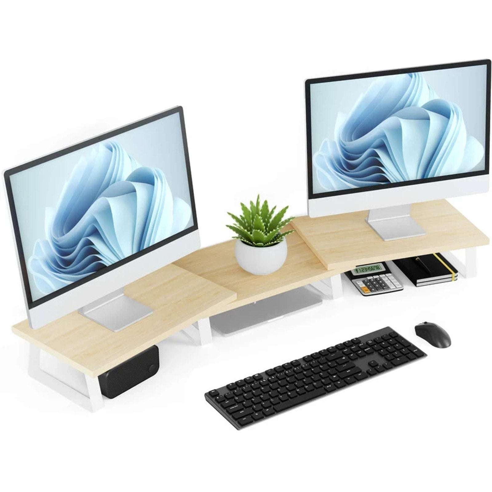 AOTHIA 43" Large Dual Monitor Stand for Desk Adjustable Riser for 2 Monitors Oak