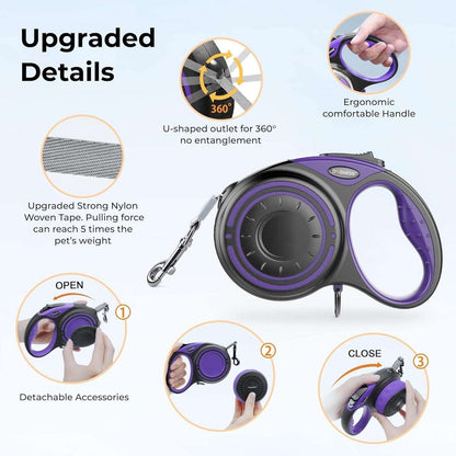 Smart Retractable Dog Leash Set w/ LED Light, Bluetooth Speaker, Bag Dispenser