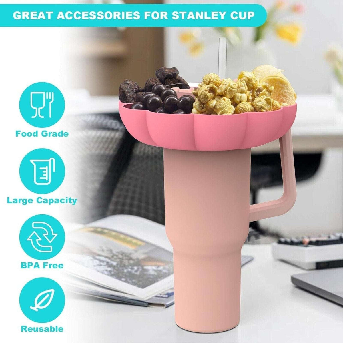 Snack Tray for 40oz Stanley Quencher Tumbler Cup Snack Bowl Holder Ring - Pink