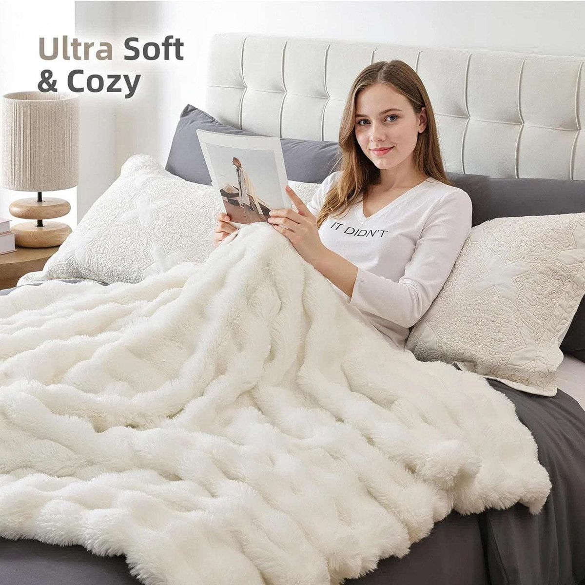 Faux Fur Throw Blanket – Cream White Fluffy Cozy Rabbit Fleece, Plush 50" x 60"