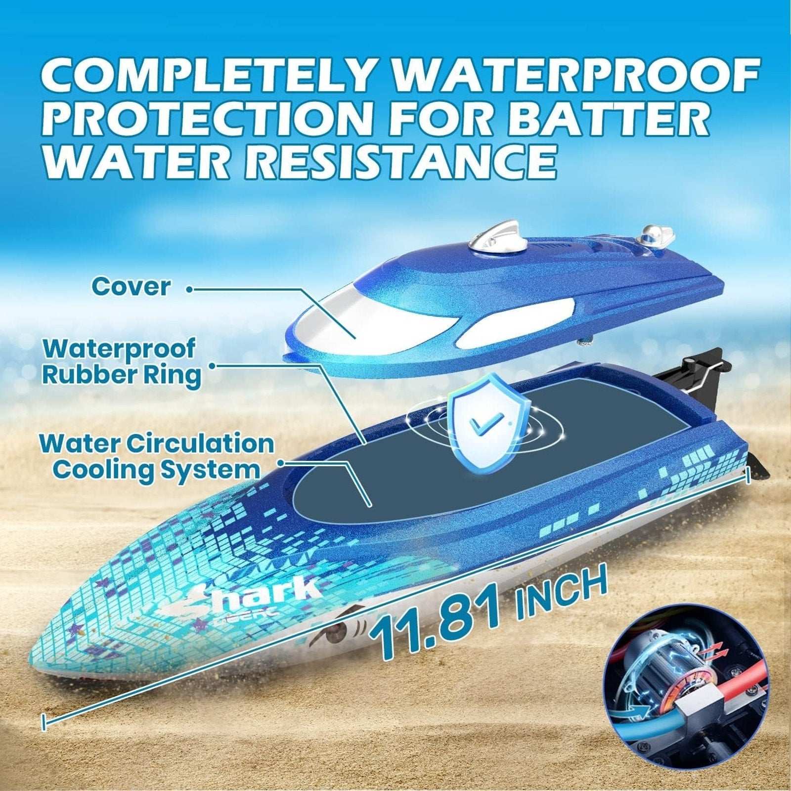 DEERC 2.4G RC Sink-Proof High Speed Racing Boat w/ LED Lights & Shark Graffiti