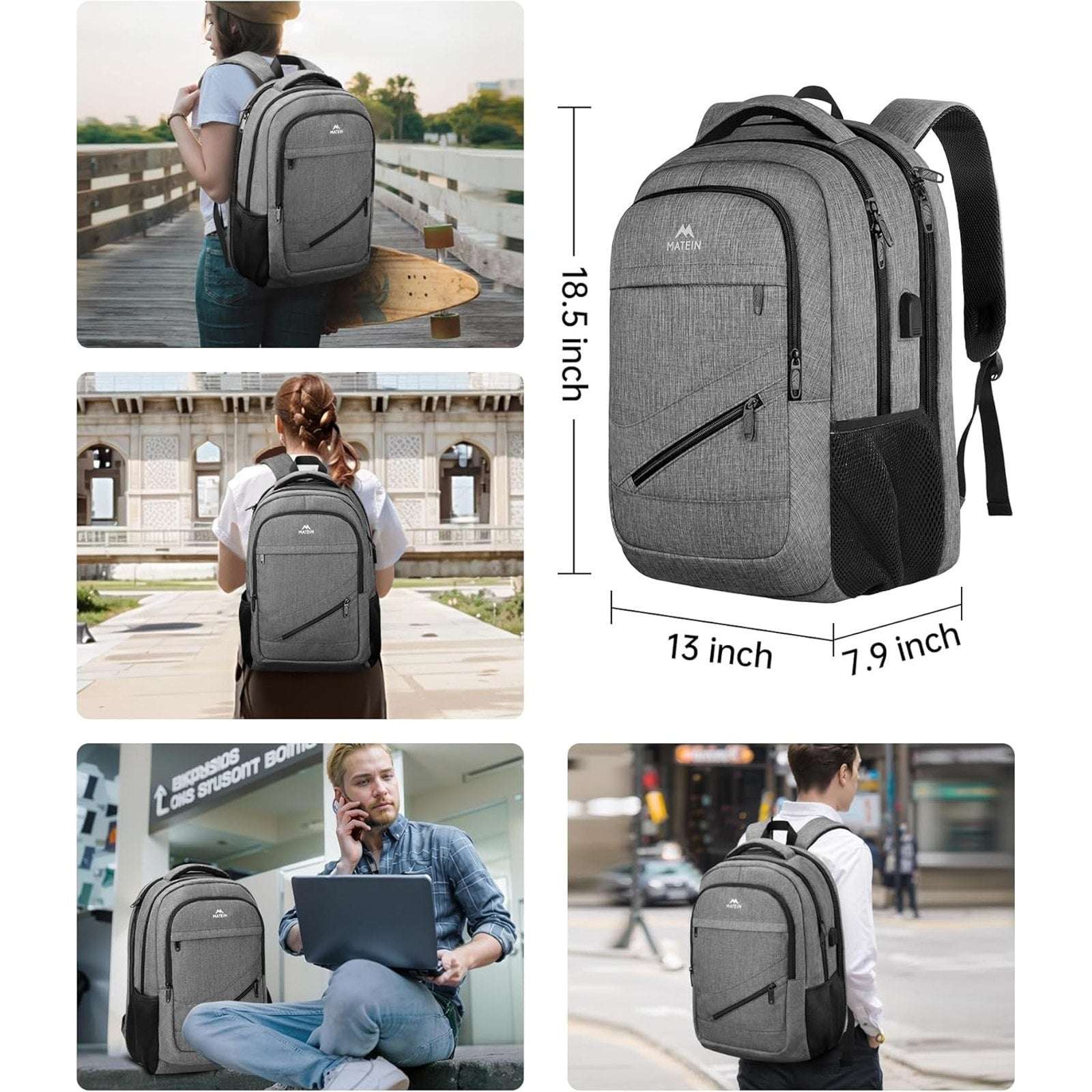 MATEIN 18.5 Inch Laptop TSA Approved Backpack, Extra Large Gray/Black w USB Port