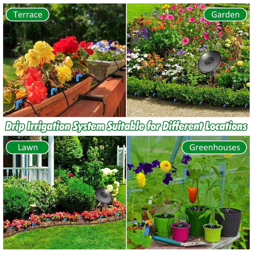 50' Automatic Drip Solar Irrigation System Plant Watering w/ Split Timer 15 Pots