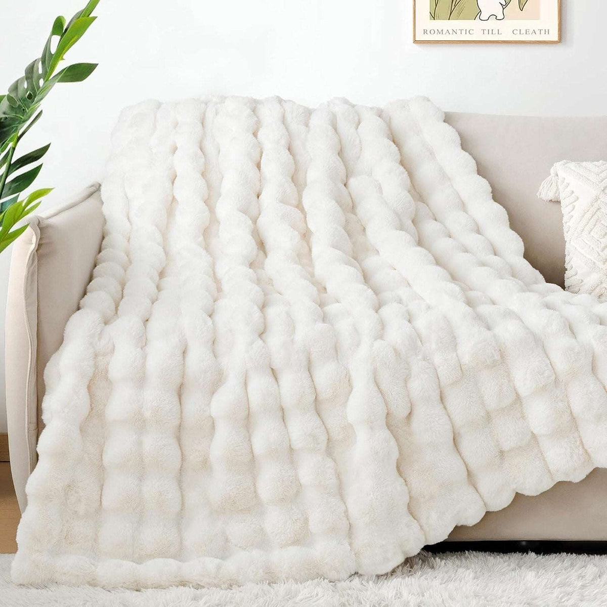 Faux Fur Throw Blanket – Cream White Fluffy Cozy Rabbit Fleece, Plush 50" x 60"