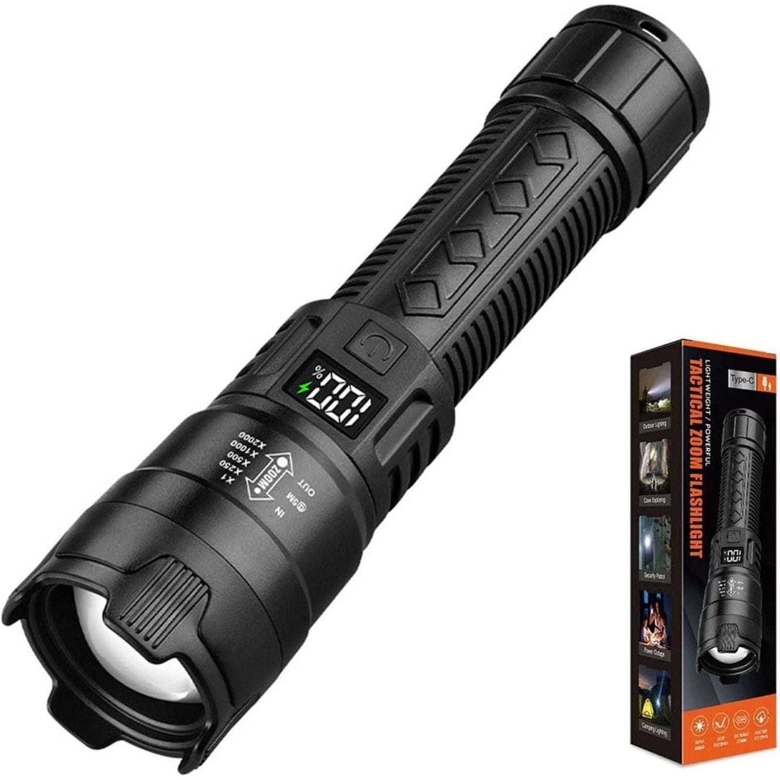 USB Rechargeable LED Tactical Flashlight Bright 2200 Lumens with Zoom, LCD Displ