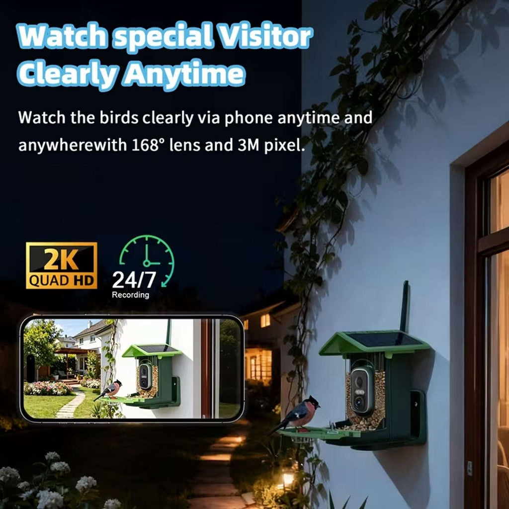 WIFI Solar Powered IP66 Smart Bird Feeder 2K HD Video Camera, Mic & AI Indentify