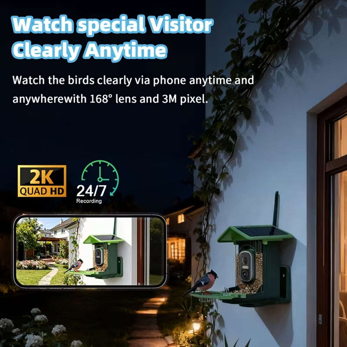 WIFI Solar Powered IP66 Smart Bird Feeder 2K HD Video Camera, Mic & AI Indentify