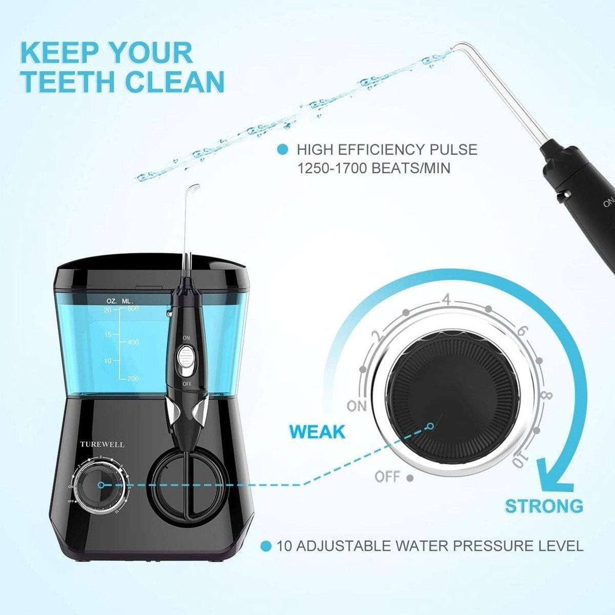 TUREWELL Water Dental Flosser for Gums Teeth Braces Cleaner Pick with 8 Jet Tips