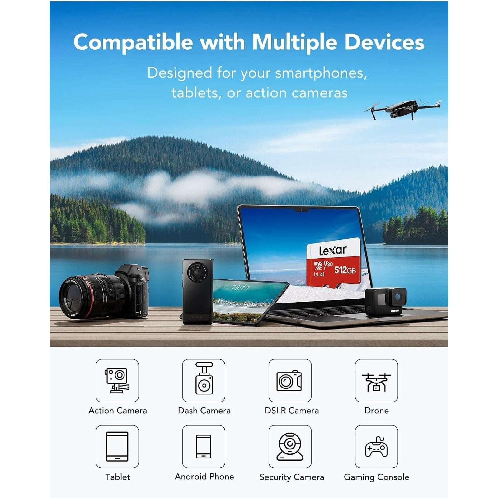 Lexar E-Series 512GB MicroSDXC UHS-I Flash Memory Card with Adapter, 100MB/s NEW