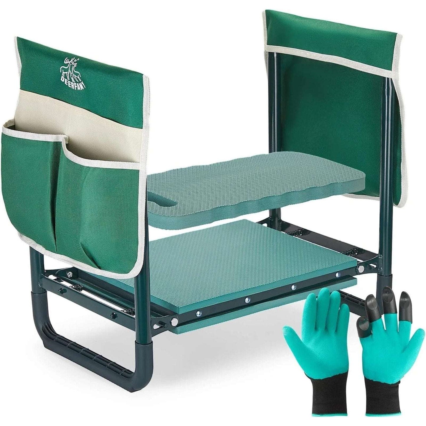 DEERFAMY 10.2"W Gardening Stool, Garden Kneeler Seat Tool Pouches 350lbs Green