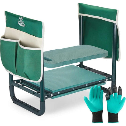 DEERFAMY 10.2"W Gardening Stool, Garden Kneeler Seat Tool Pouches 350lbs Green