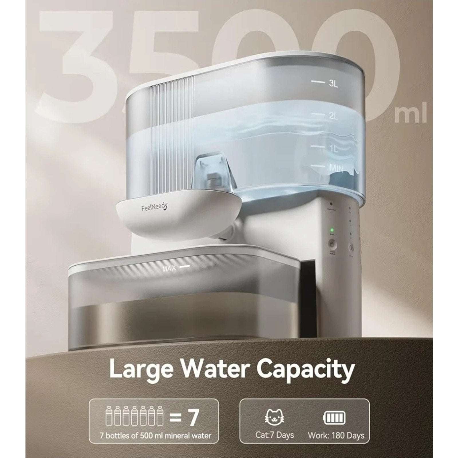 CleanFlip 3.5L Wireless Cat Water Fountain - No Filters, Wastewater Separation